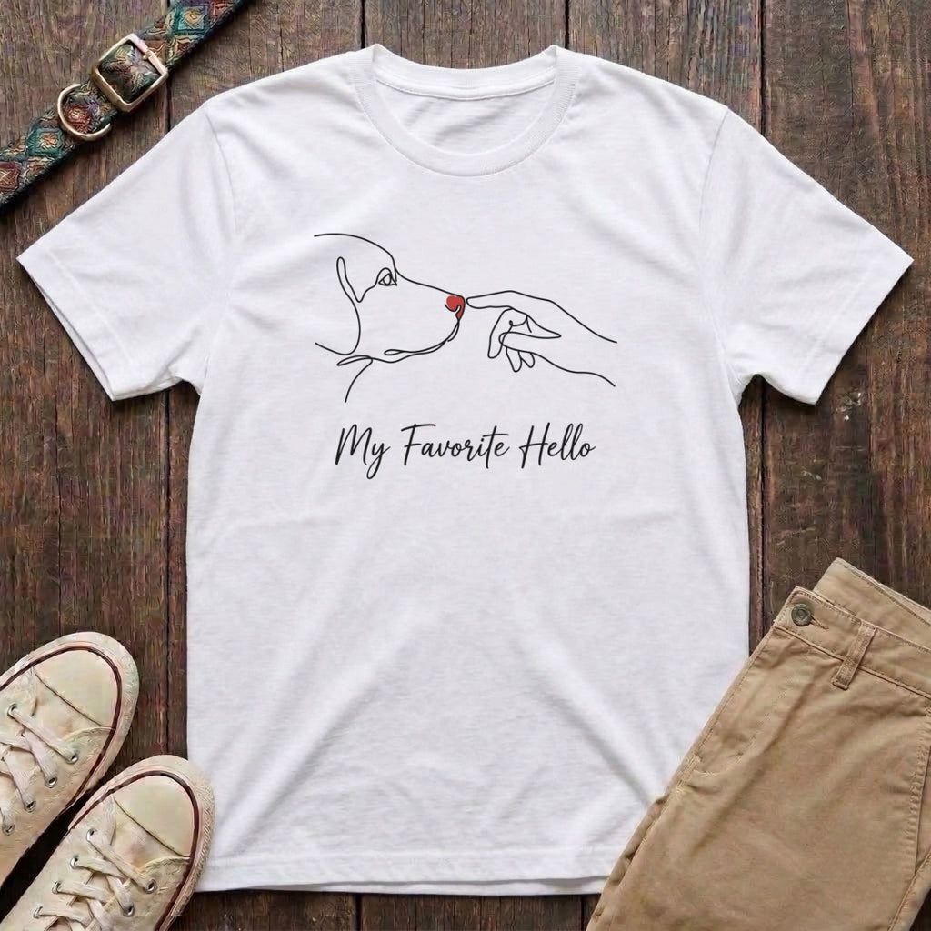 White dog lover t-shirt with My Favourite Hello continuous line art of dog nose and human hand with red heart by Fetchkind