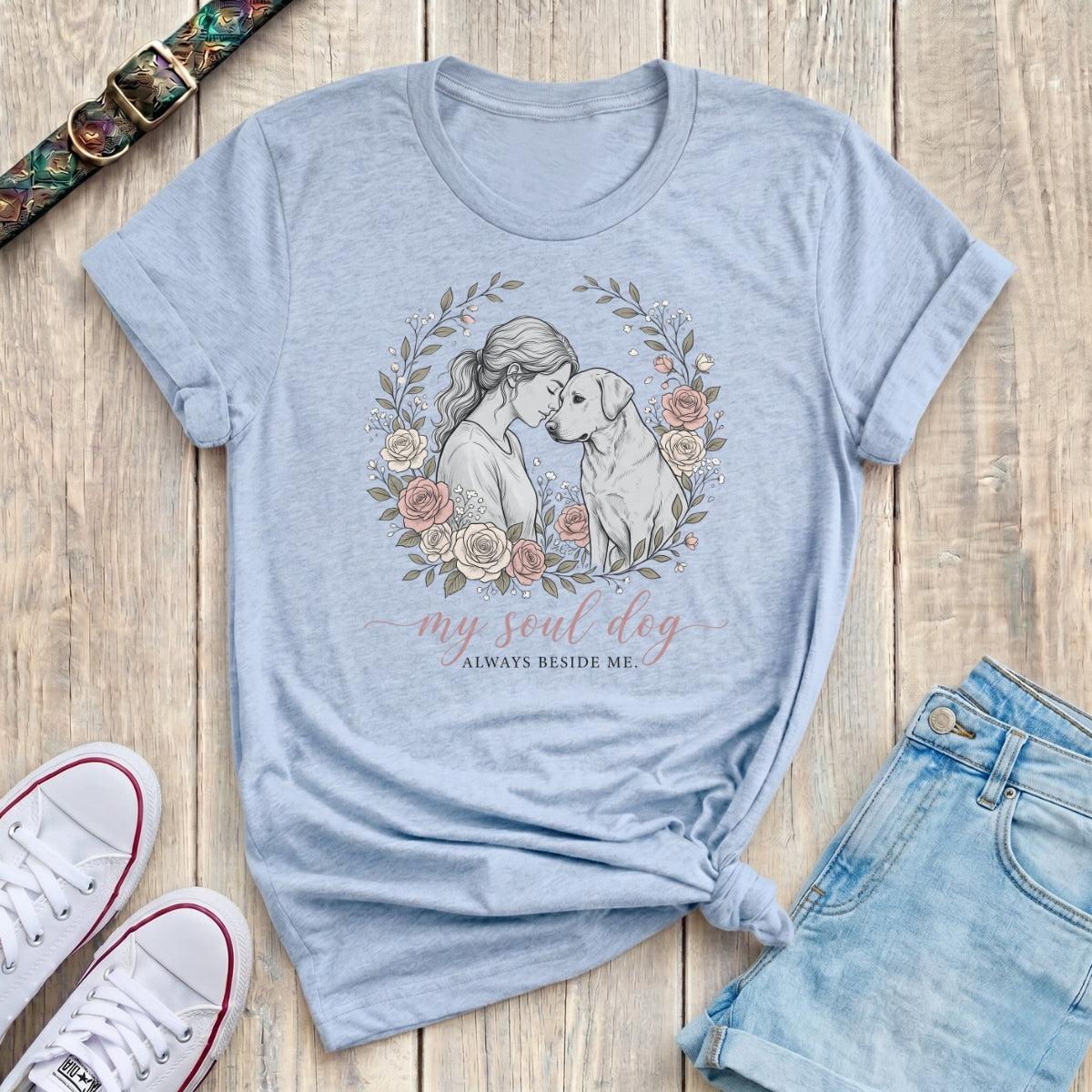 Fetchkind light blue my soul dog always beside me floral sketch t-shirt dog mum gift UK