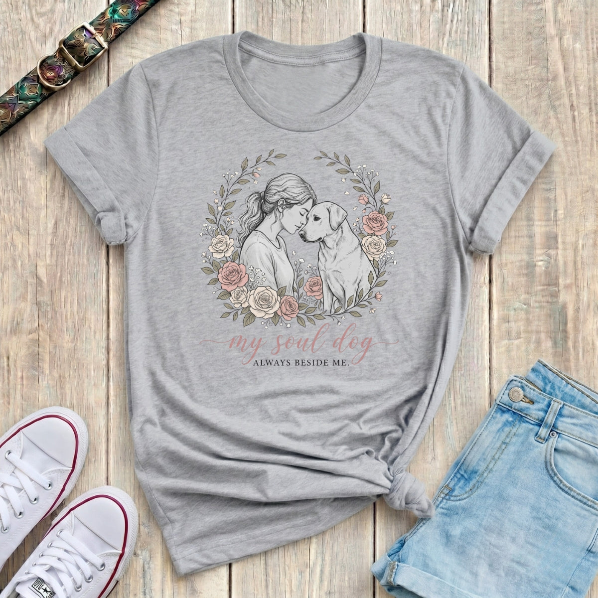 Fetchkind sport grey my soul dog always beside me sketch floral tshirt dog lover UK