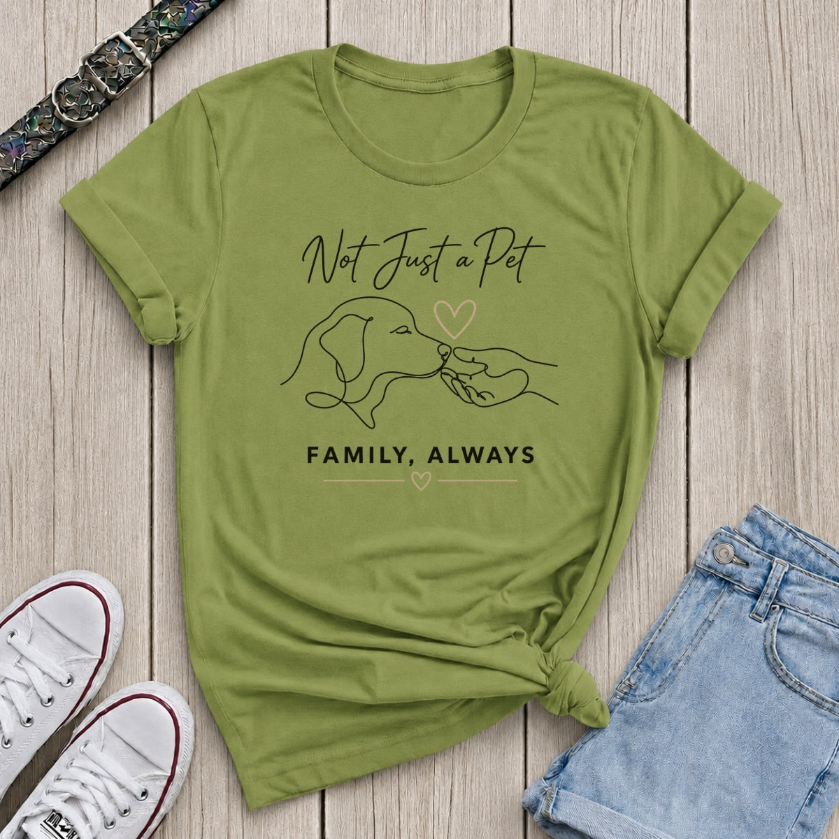 Fetchkind kiwi green not just a pet family always dog lover t-shirt with line art print