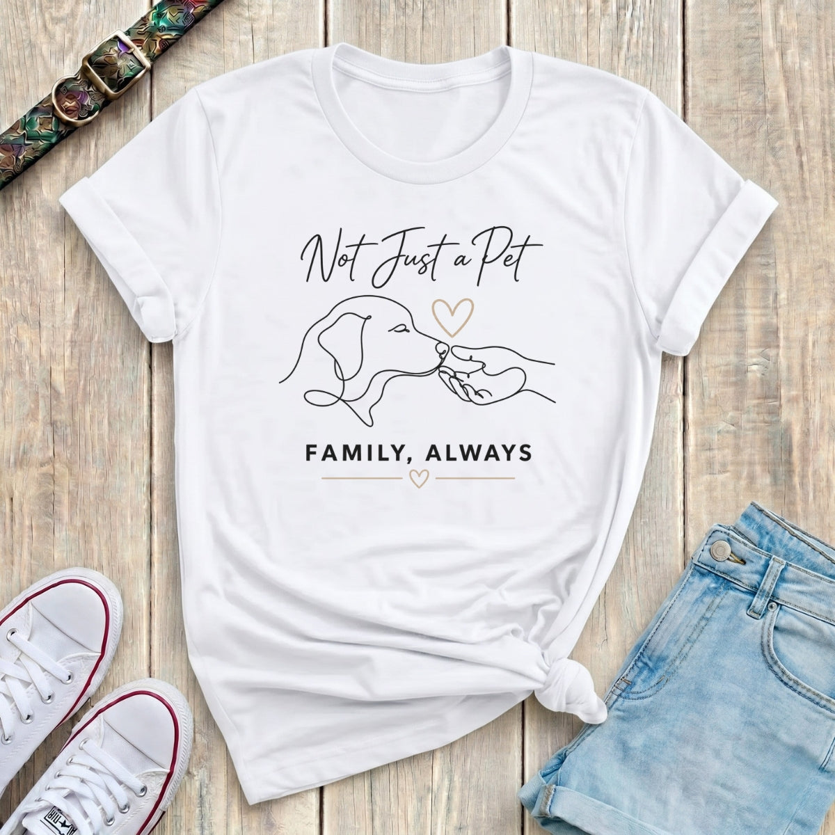 Fetchkind white not just a pet family always dog t-shirt with gold heart line art illustration