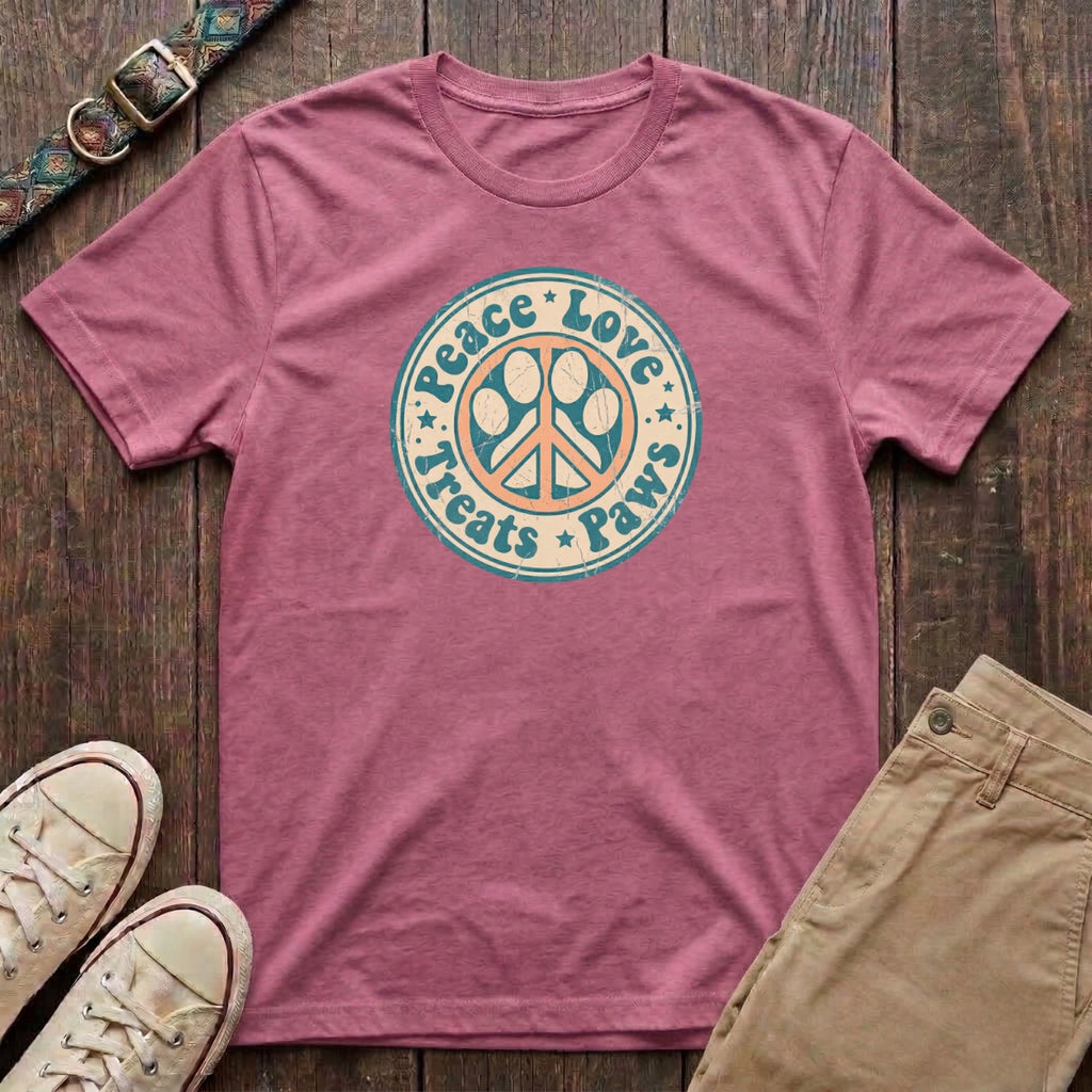 Azalea retro dog lover t-shirt with Peace Love Treats Paws distressed paw peace sign badge design by Fetchkind