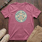 Azalea retro dog lover t-shirt with Peace Love Treats Paws distressed paw peace sign badge design by Fetchkind