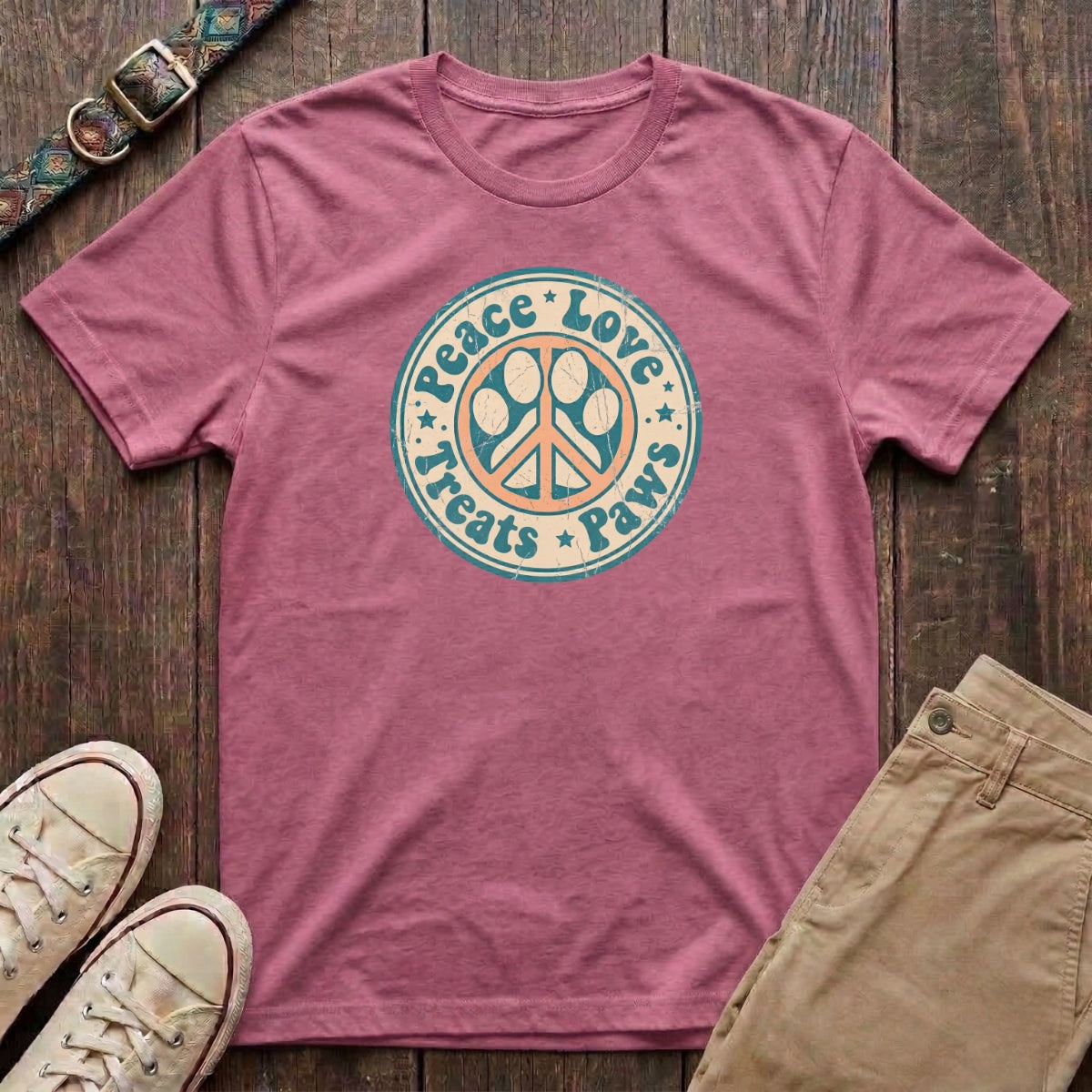 Azalea retro dog lover t-shirt with Peace Love Treats Paws distressed paw peace sign badge design by Fetchkind