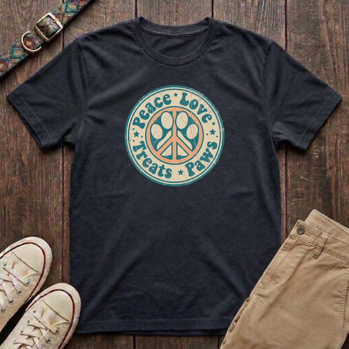 Black retro dog lover t-shirt with Peace Love Treats Paws distressed paw peace sign badge design by Fetchkind