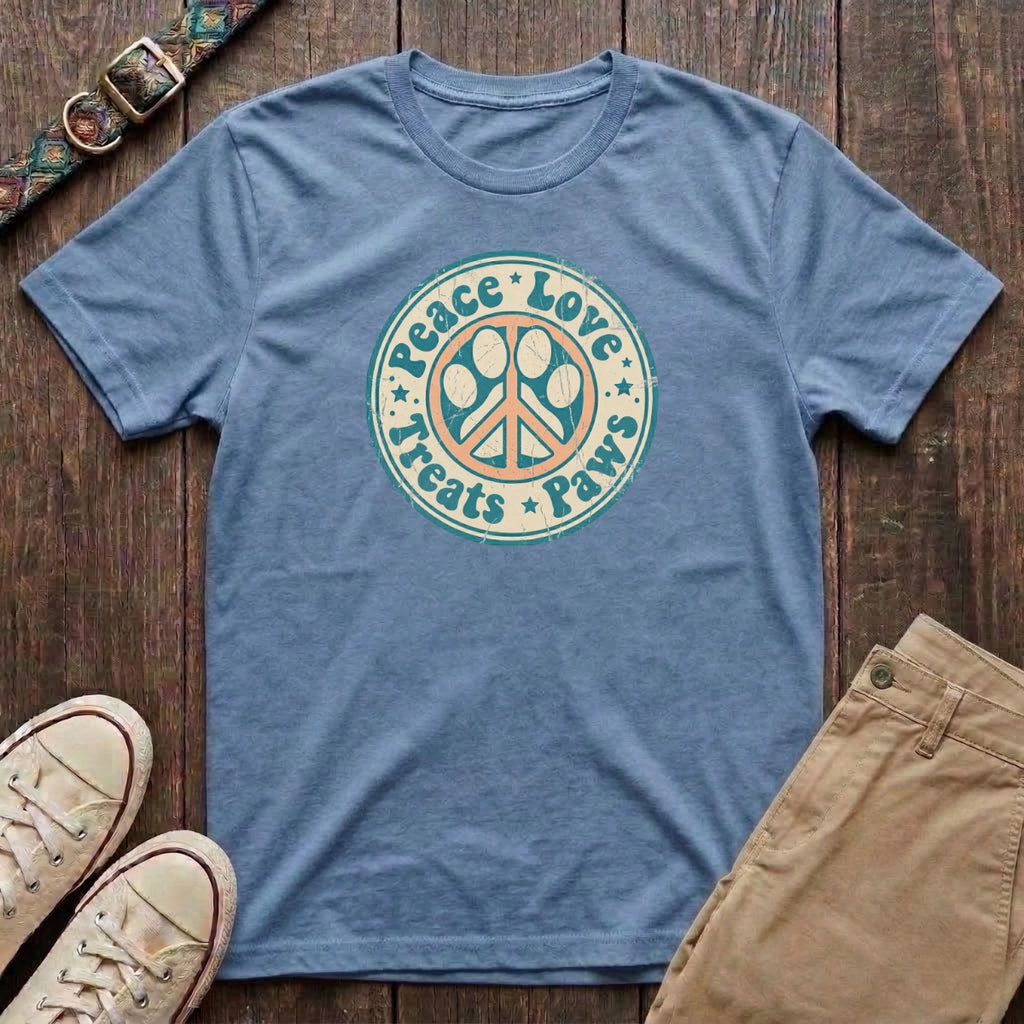 Light blue retro dog lover t-shirt with Peace Love Treats Paws distressed paw peace sign badge design by Fetchkind
