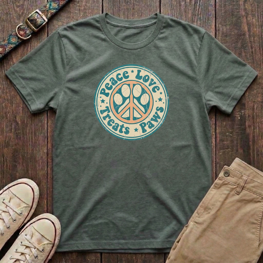 Military green retro dog lover t-shirt with Peace Love Treats Paws distressed paw peace sign badge design by Fetchkind