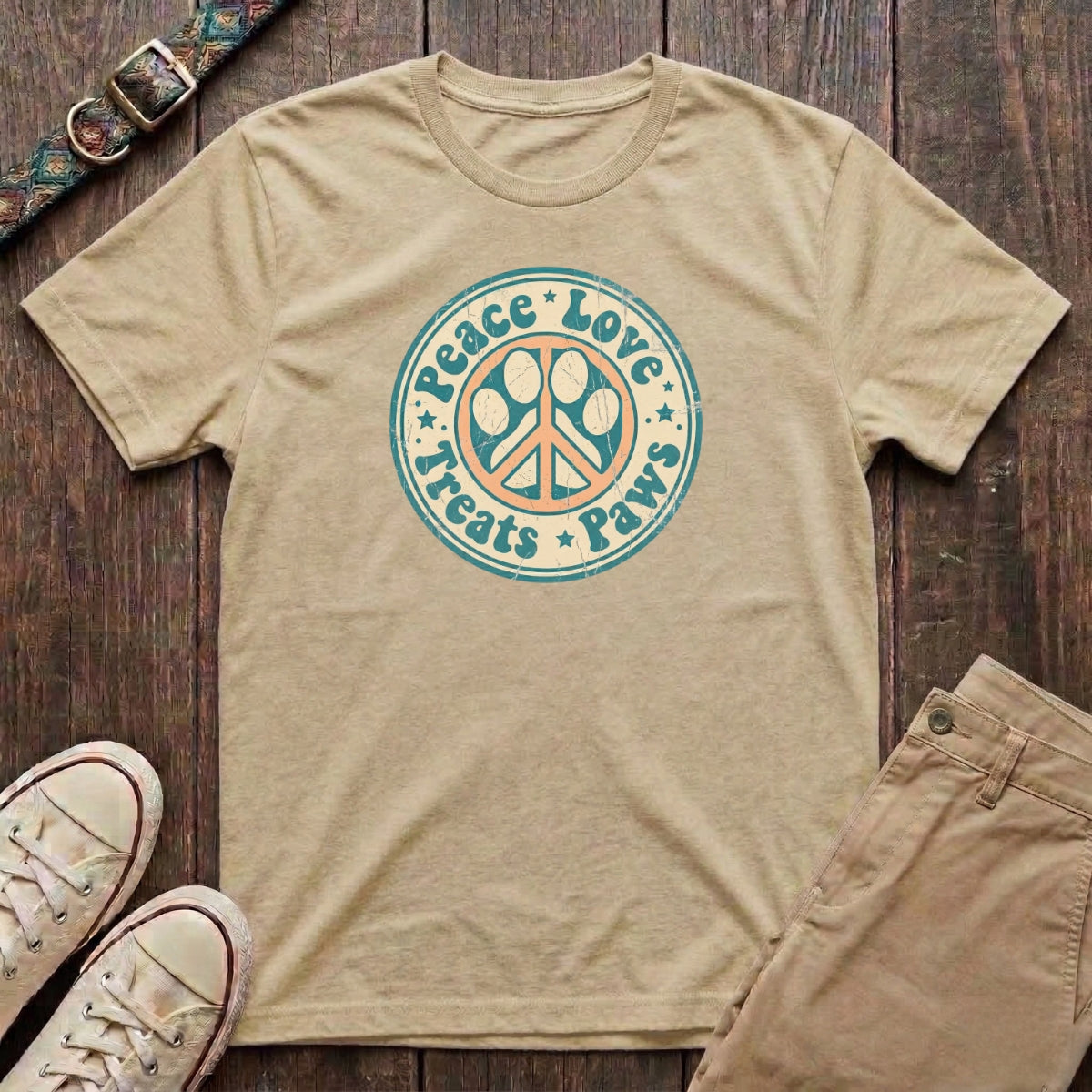 Natural retro dog lover t-shirt with Peace Love Treats Paws distressed paw peace sign badge design by Fetchkind