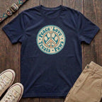 Navy retro dog lover t-shirt with Peace Love Treats Paws distressed paw peace sign badge design by Fetchkind