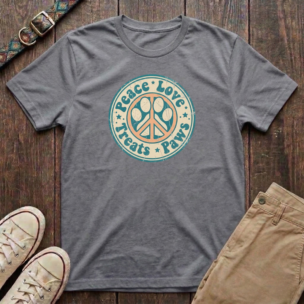 Sport grey retro dog lover t-shirt with Peace Love Treats Paws distressed paw peace sign badge design by Fetchkind