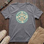 Sport grey retro dog lover t-shirt with Peace Love Treats Paws distressed paw peace sign badge design by Fetchkind