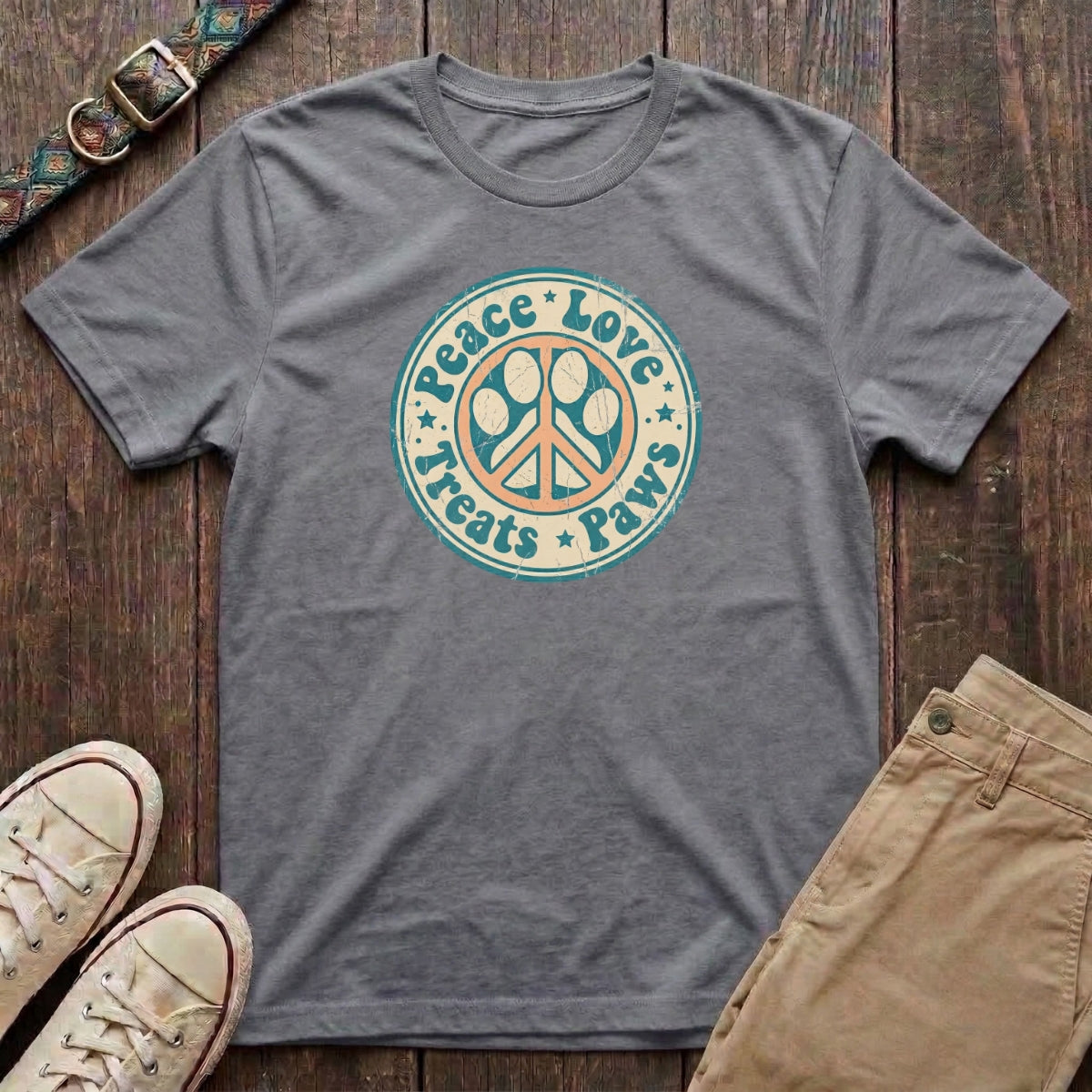 Sport grey retro dog lover t-shirt with Peace Love Treats Paws distressed paw peace sign badge design by Fetchkind