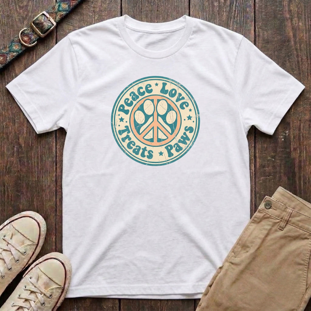White retro dog lover t-shirt with Peace Love Treats Paws distressed paw peace sign badge design by Fetchkind