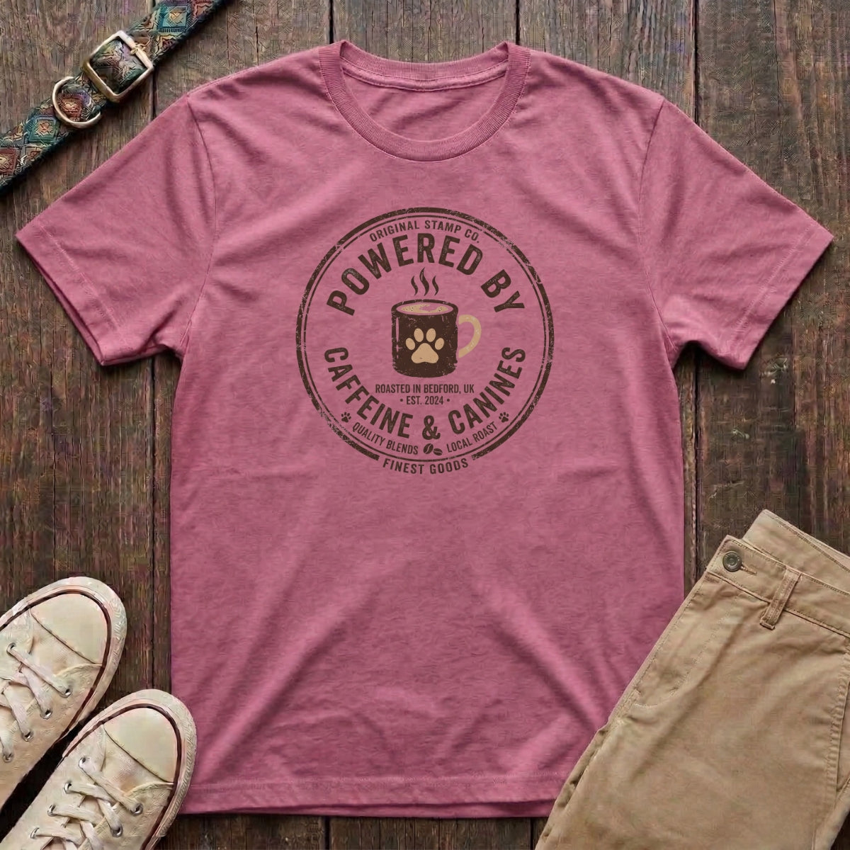 Azalea dog lover t-shirt with Powered by Caffeine and Canines distressed stamp badge and coffee paw print design by Fetchkind