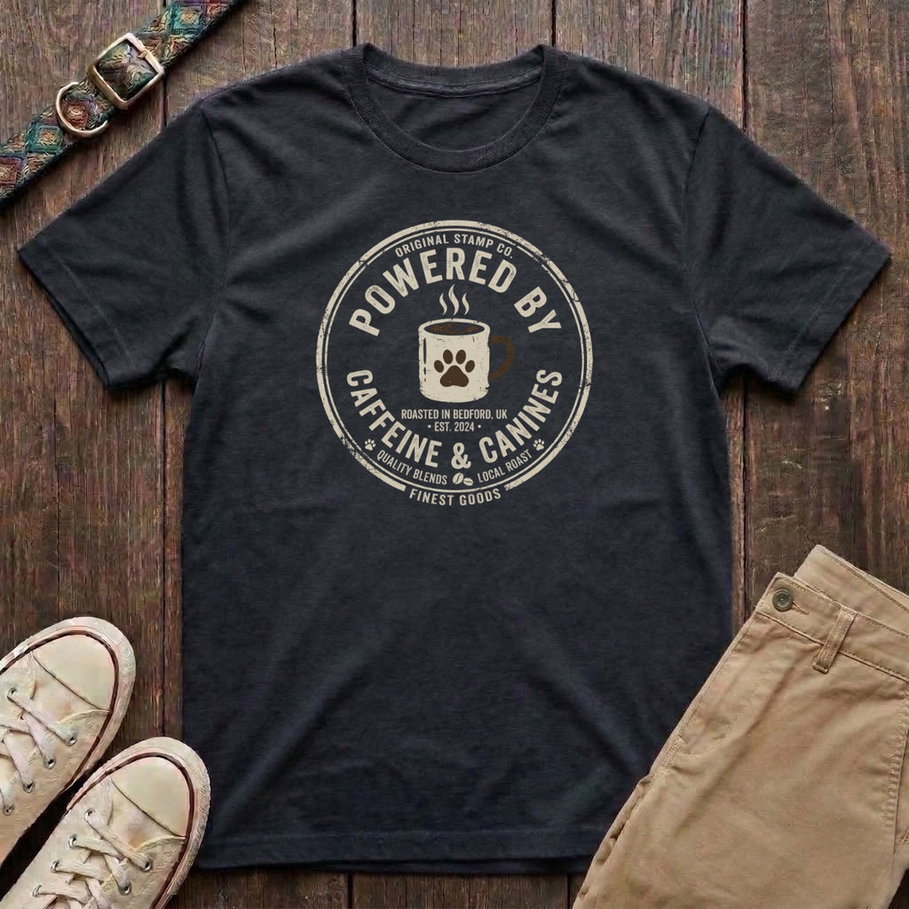 Black dog lover t-shirt with Powered by Caffeine and Canines distressed stamp badge and coffee paw print design by Fetchkind