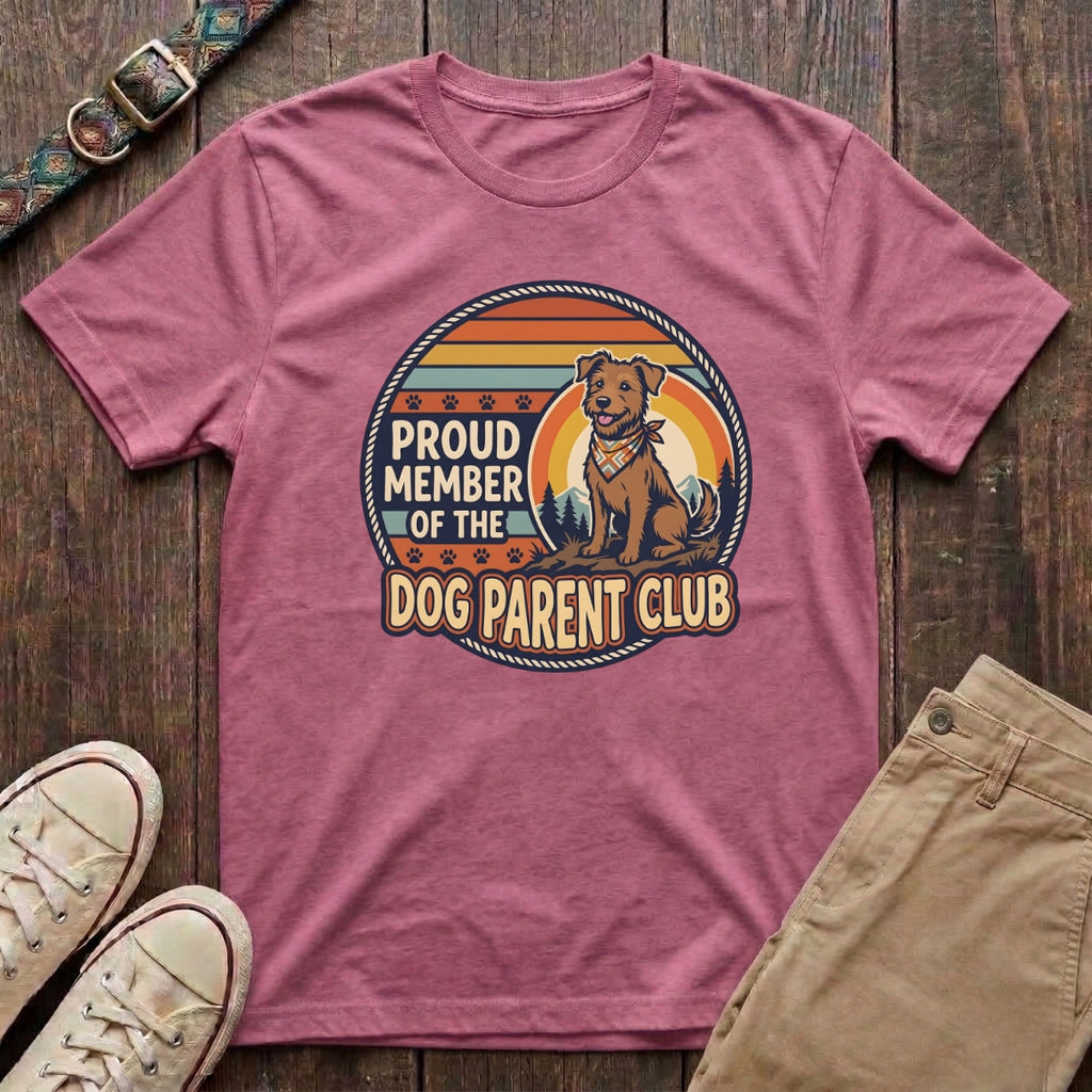 Azalea dog parent t-shirt with Proud Member of the Dog Parent Club retro badge and terrier illustration by Fetchkind