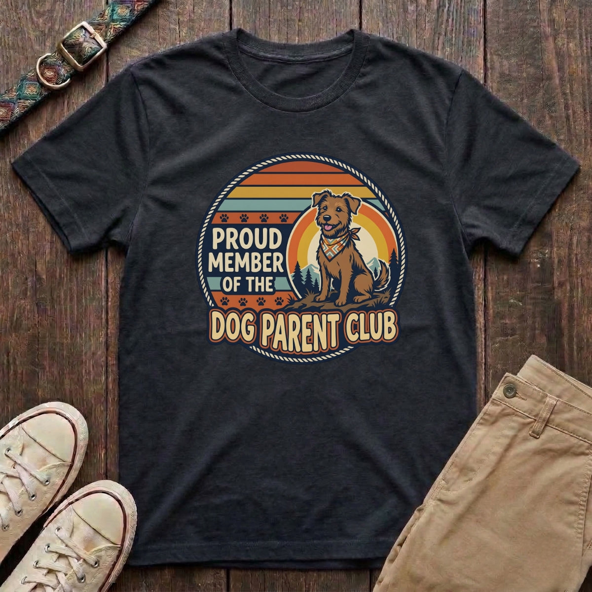 Black dog parent t-shirt with Proud Member of the Dog Parent Club retro badge and terrier illustration by Fetchkind