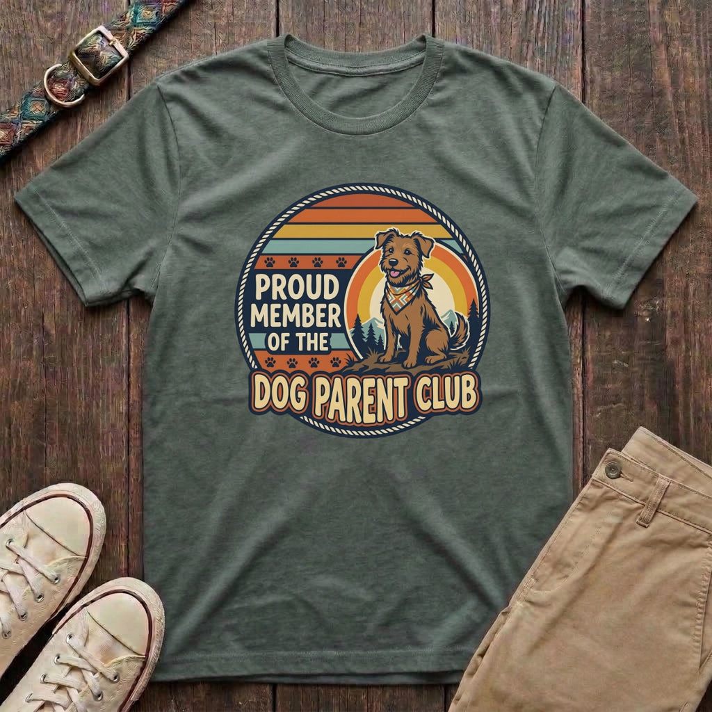 Military green dog parent t-shirt with Proud Member of the Dog Parent Club retro badge and terrier illustration by Fetchkind