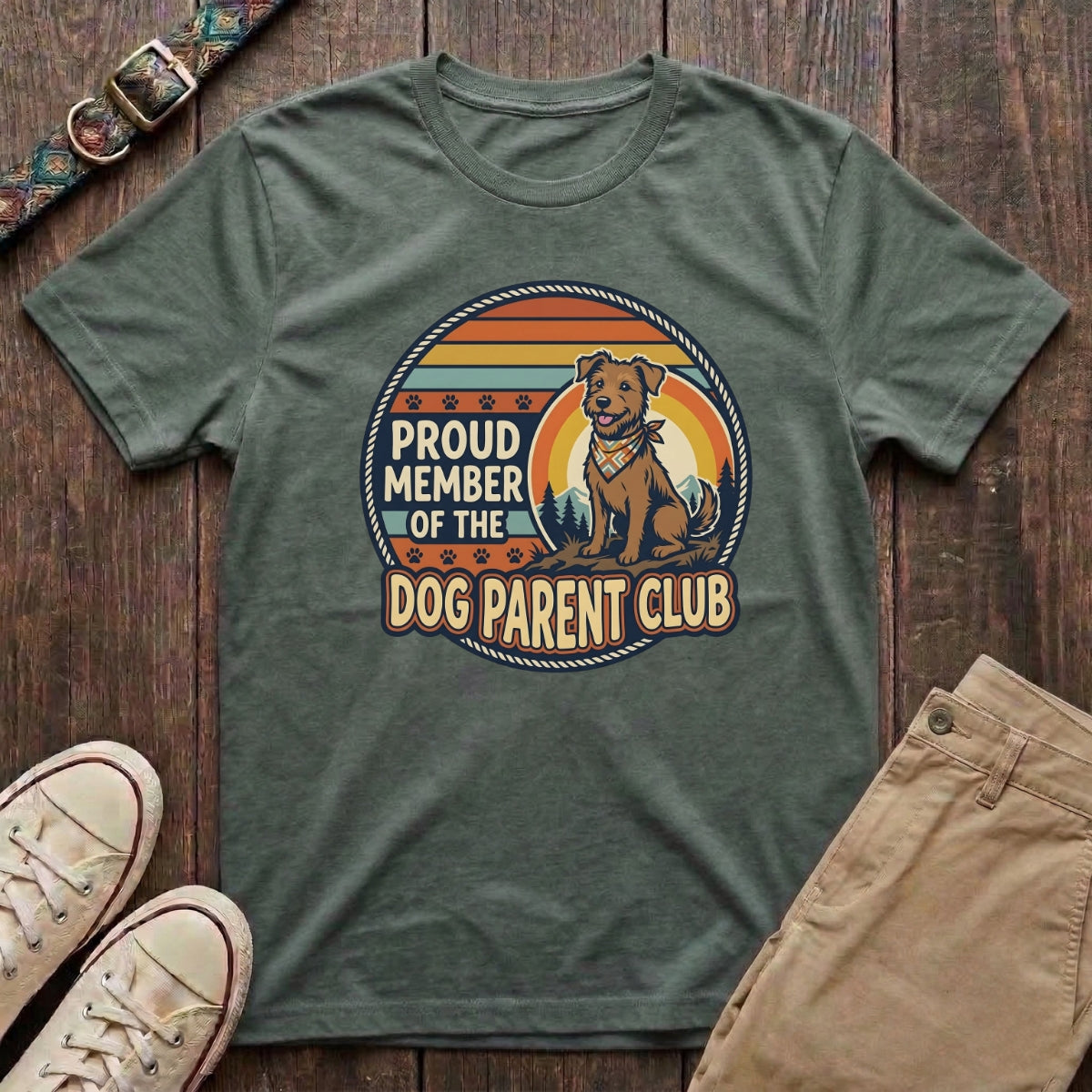 Military green dog parent t-shirt with Proud Member of the Dog Parent Club retro badge and terrier illustration by Fetchkind