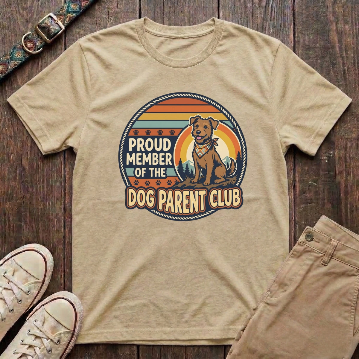Natural dog parent t-shirt with Proud Member of the Dog Parent Club retro badge and terrier illustration by Fetchkind
