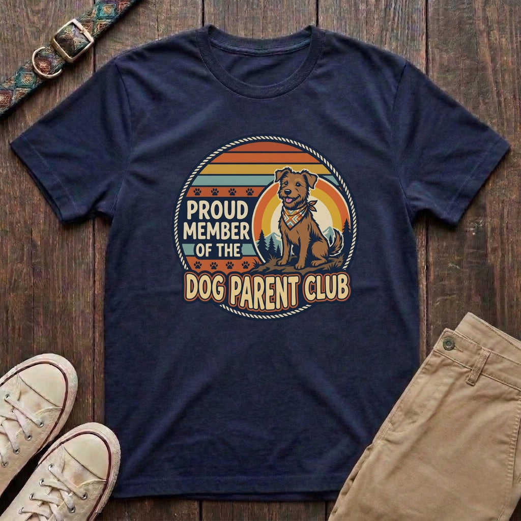 Navy dog parent t-shirt with Proud Member of the Dog Parent Club retro badge and terrier illustration by Fetchkind