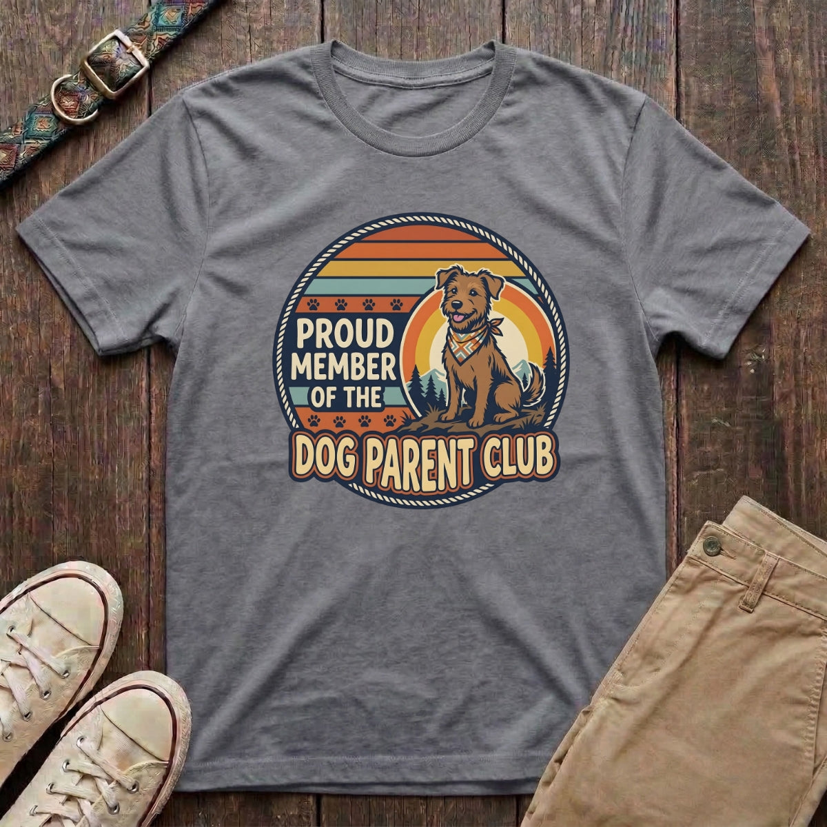 Sport grey dog parent t-shirt with Proud Member of the Dog Parent Club retro badge and terrier illustration by Fetchkind
