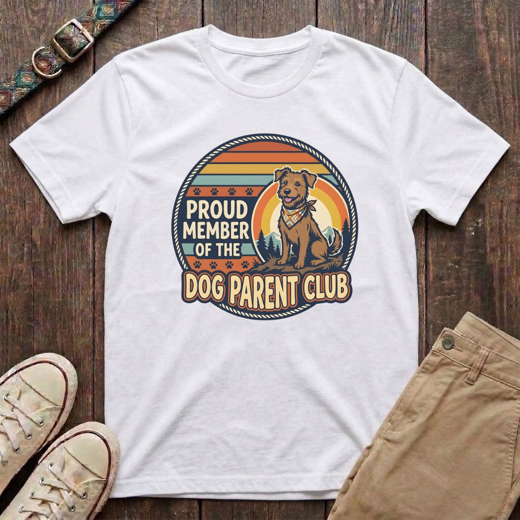 White dog parent t-shirt with Proud Member of the Dog Parent Club retro badge and terrier illustration by Fetchkind