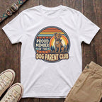 White dog parent t-shirt with Proud Member of the Dog Parent Club retro badge and terrier illustration by Fetchkind