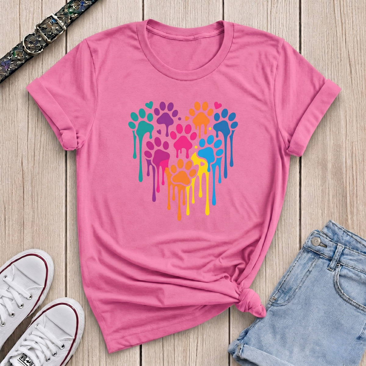 Fetchkind azalea pink rainbow paw heart drip t-shirt bright dog lover gift idea UK