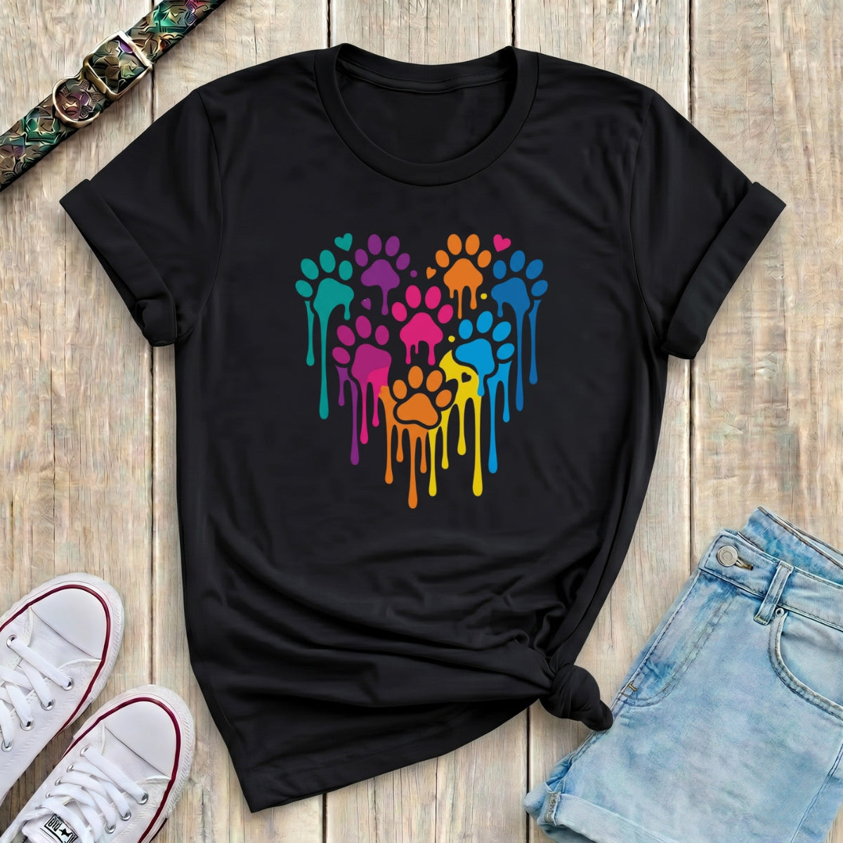 Fetchkind black rainbow drip paw heart t-shirt multicolour paint drip dog lover tee