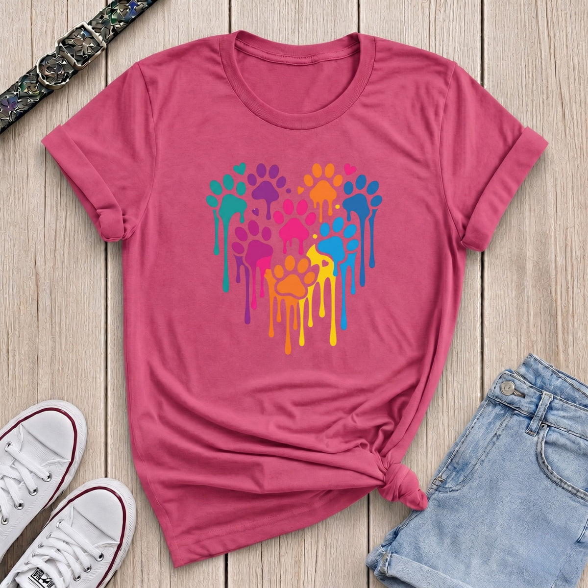 Fetchkind heliconia pink rainbow paw heart drip tee bright colourful dog lover gift UK