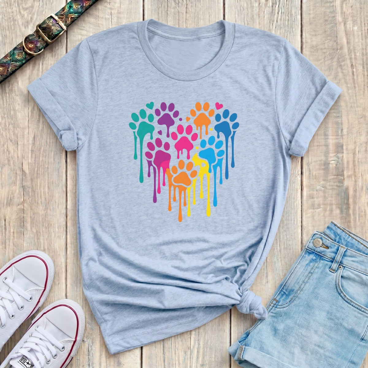 Fetchkind light blue rainbow drip paw print heart t-shirt colourful dog lover tee UK