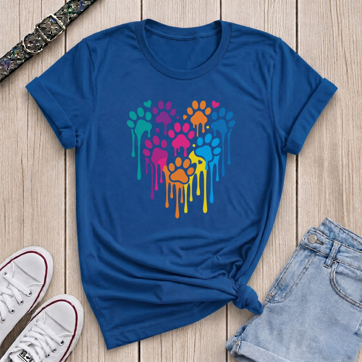 Fetchkind royal blue rainbow drip paw print heart tee colourful dog lover gift UK