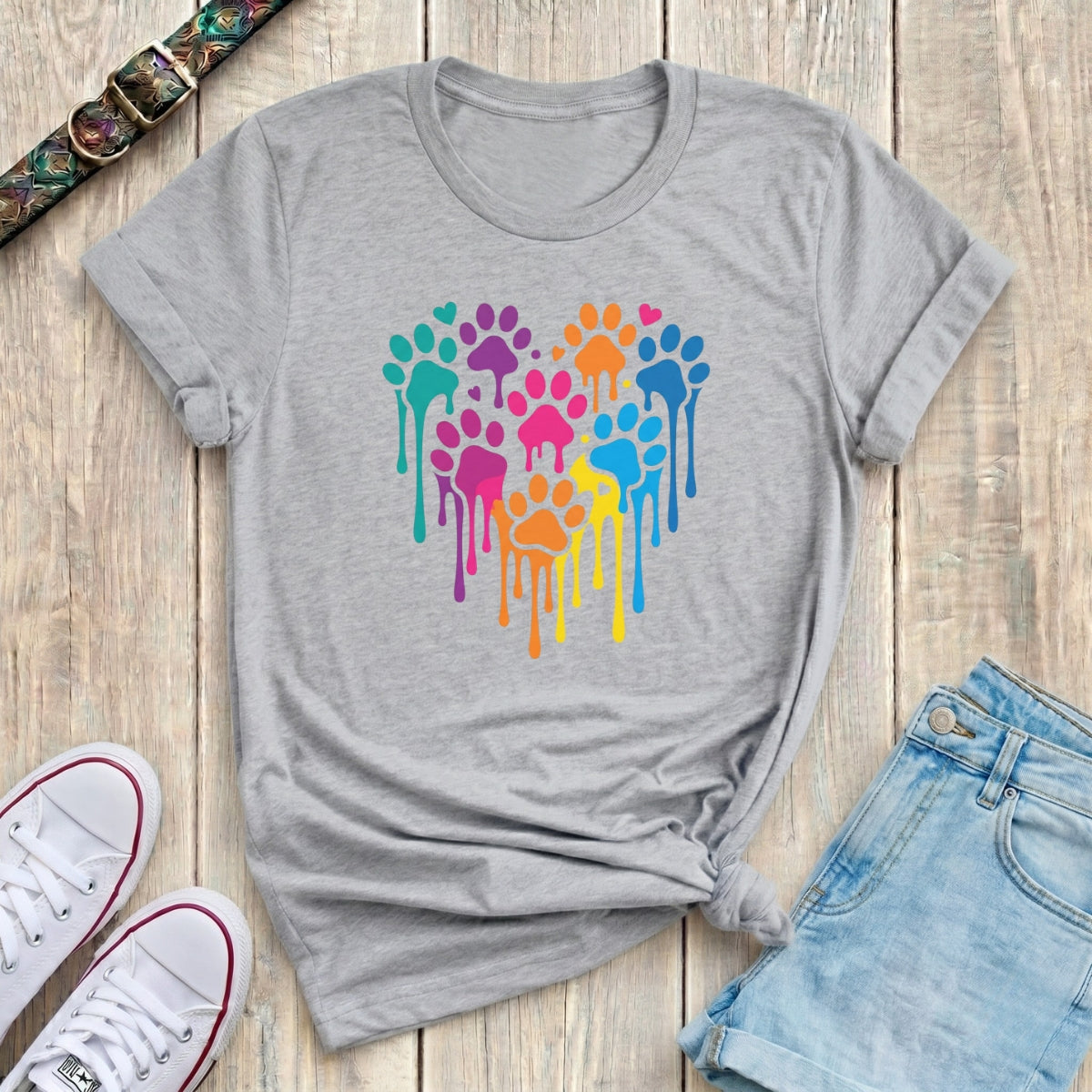 Fetchkind sport grey rainbow drip paw print heart tee colourful dog lover design UK
