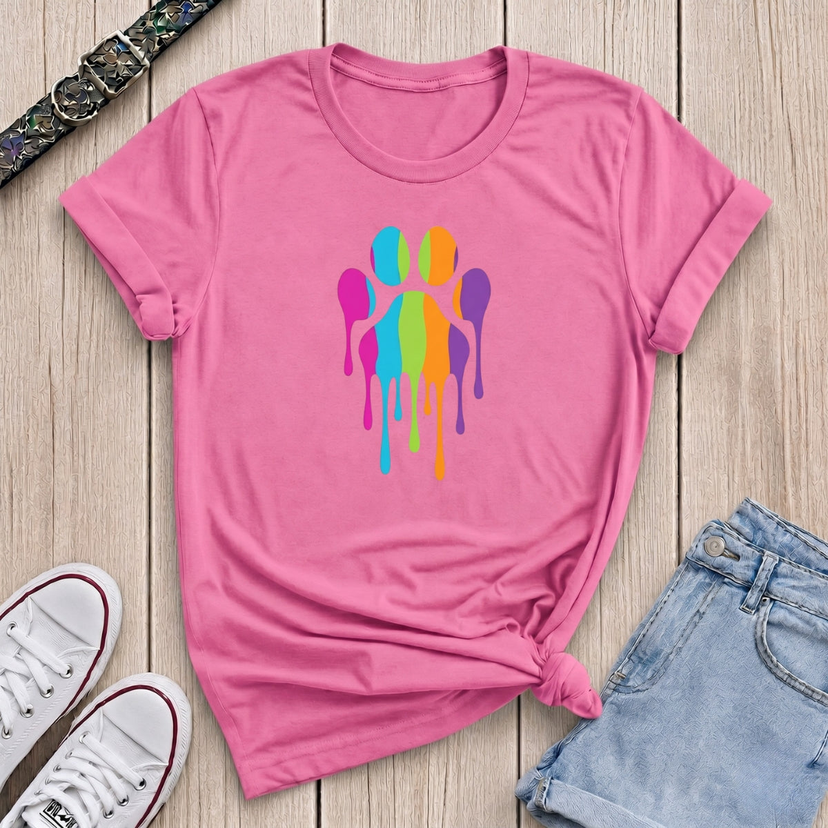 Fetchkind azalea pink rainbow stripe drip paw print tee vibrant dog lover gift UK