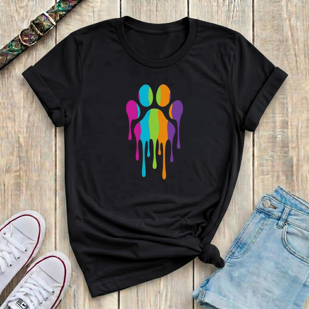 Fetchkind black rainbow drip stripe paw print t-shirt bold multicolour dog lover tee