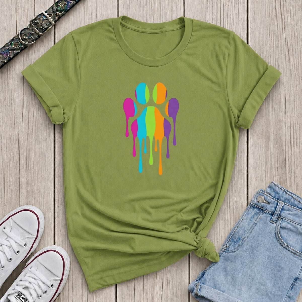 Fetchkind kiwi green rainbow stripe drip paw print t-shirt graphic dog lover tee UK