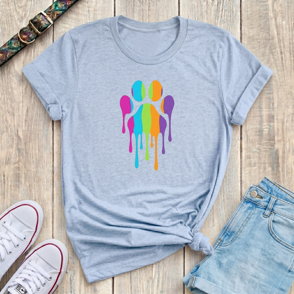 Fetchkind light blue rainbow drip paw print t-shirt bold colourful dog lover tee UK