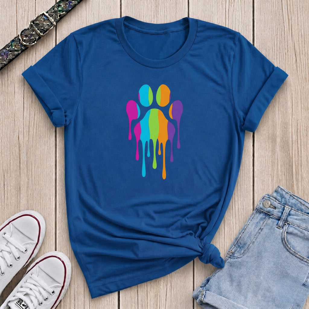 Fetchkind royal blue rainbow drip paw print t-shirt multicolour graphic dog lover gift