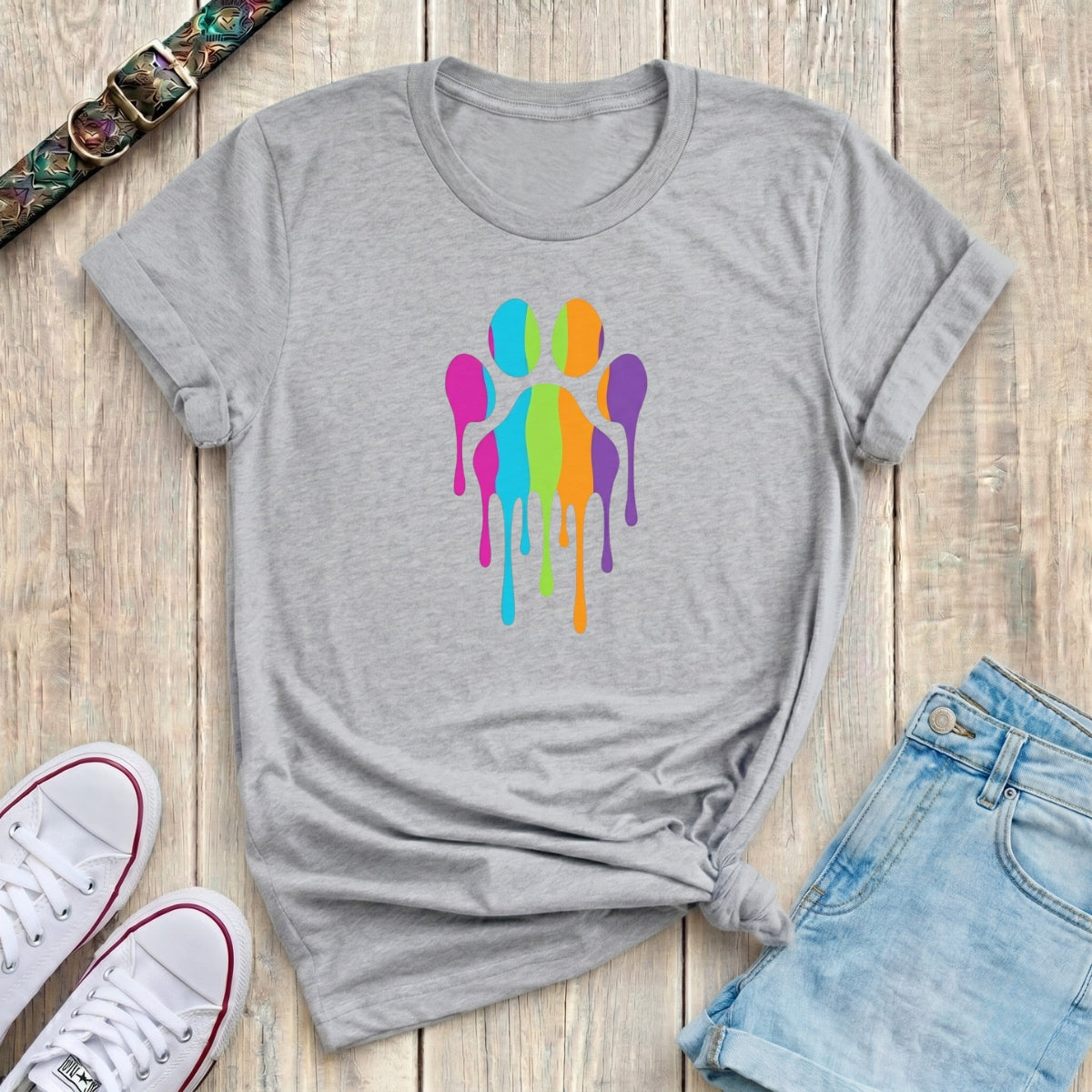 Fetchkind sport grey rainbow drip paw print t-shirt colourful graphic dog lover design
