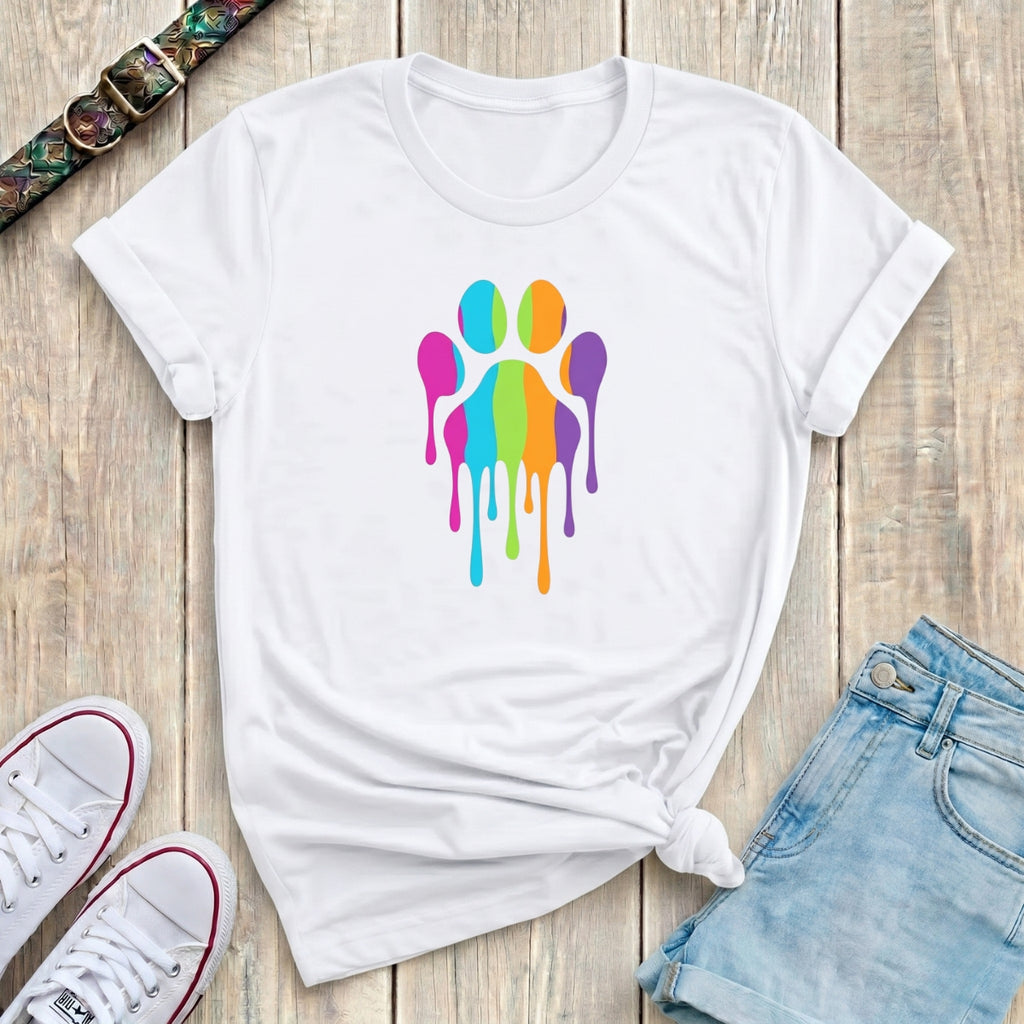 Fetchkind white rainbow drip paw print t-shirt vivid stripe graphic dog lover design