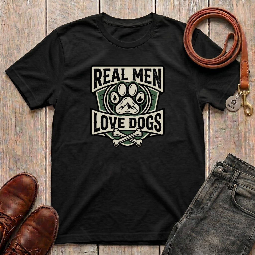 Fetchkind Real Men Love Dogs t-shirt in black with forest green badge paw print and crossed bones