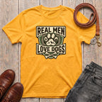 Fetchkind Real Men Love Dogs tee in gold forest green badge paw print dog dad gift Fetchkind UK