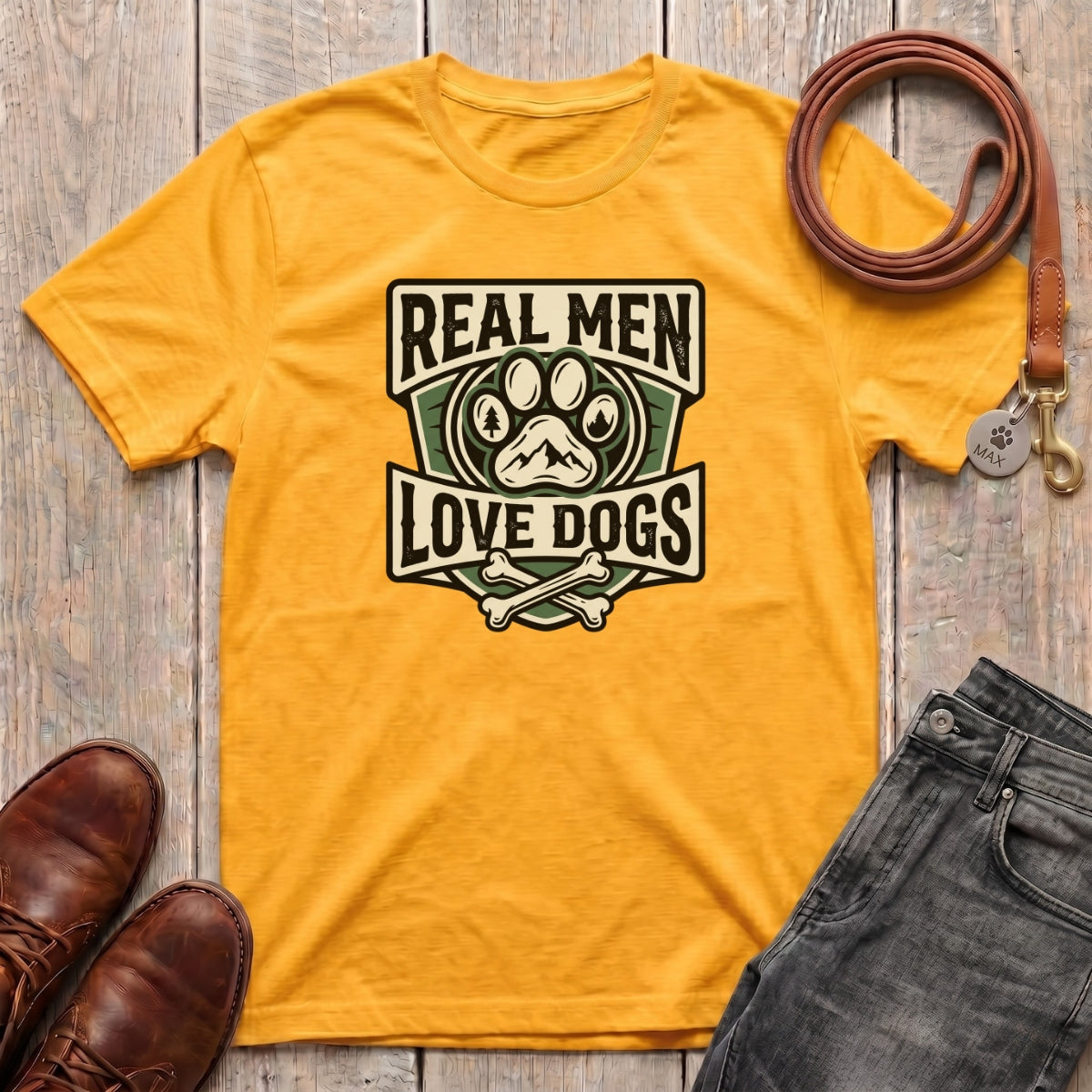Fetchkind Real Men Love Dogs tee in gold forest green badge paw print dog dad gift Fetchkind UK