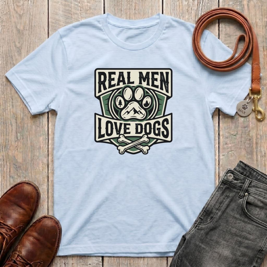 Fetchkind Real Men Love Dogs tee in light blue shield badge dog dad gift tee for UK pet owners