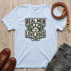 Fetchkind Real Men Love Dogs tee in light blue shield badge dog dad gift tee for UK pet owners