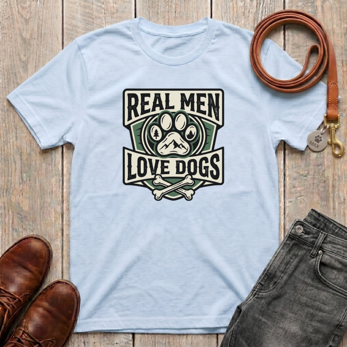 Fetchkind Real Men Love Dogs tee in light blue shield badge dog dad gift tee for UK pet owners