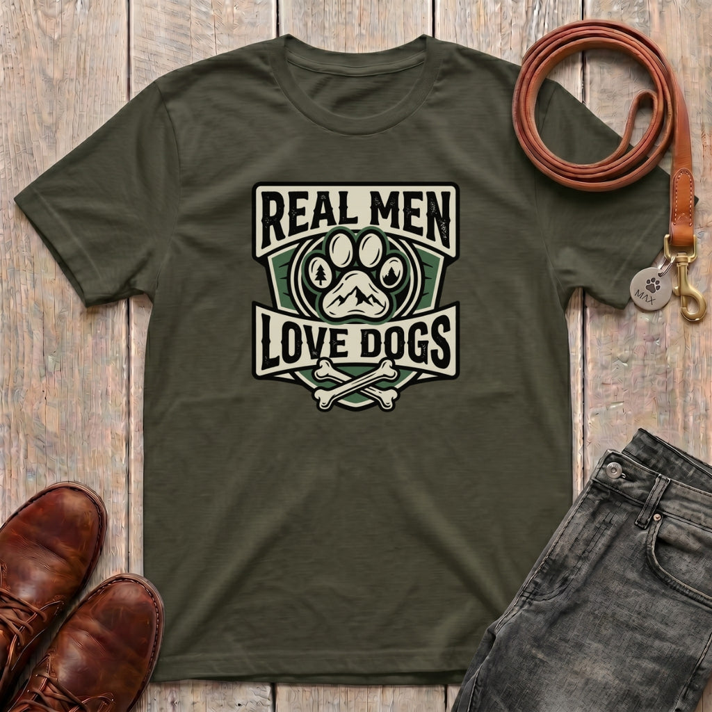 Fetchkind Real Men Love Dogs t-shirt in military green bold shield badge dog dad tee for UK pet owners