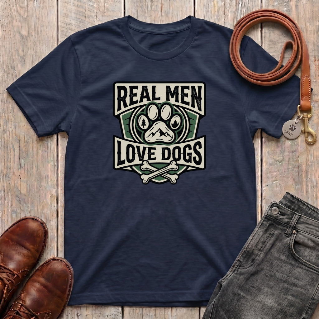 Fetchkind Real Men Love Dogs t-shirt in navy a bold gift for dog dads and dog lovers in the UK
