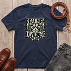 Fetchkind Real Men Love Dogs t-shirt in navy a bold gift for dog dads and dog lovers in the UK